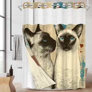 1pc hookless shower curtain with snap fastener, retro-style Siamese cat 2D flat printing, fabric waterproof inner lining shower curtain with transparent window double-layer curtain, 71 x 74 inches, modern home curtain decoration