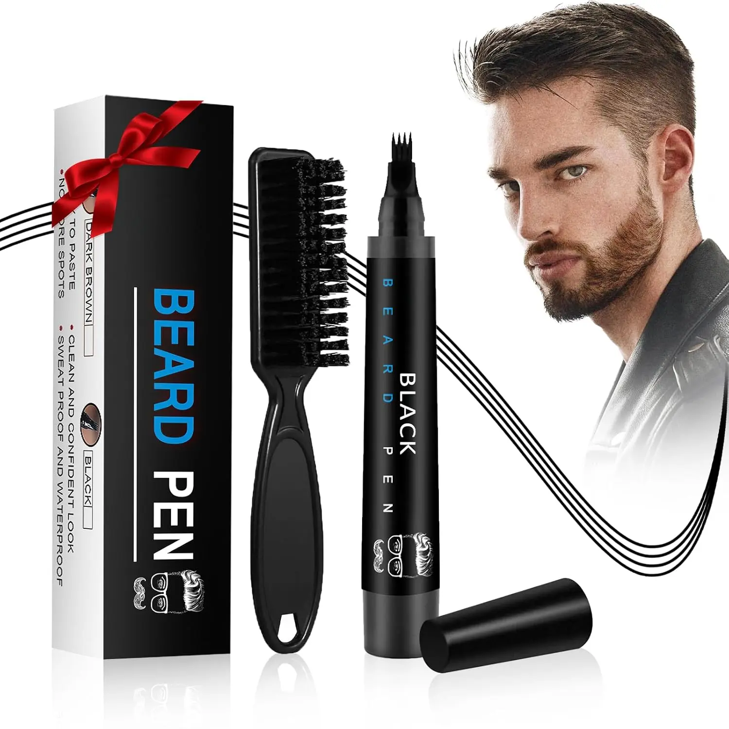 【Father's Day Gift】Beard Pencil Filler for Men - Male Mustache Repair Shape Beard Pen with Beard Brush, Beard Filler Pen Kit, Ideal Gifts for Father Husband Boyfriends