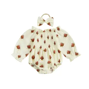 Newborn Baby Girl Thanksgiving Outfit Cute Turkey Romper Long Sleeve Ruched Bodysuit Baby Girl Fall Clothes