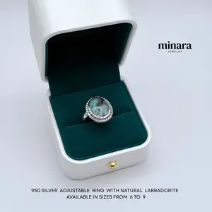 950 Silver Adjustable Ring with Natural Labradorite Stone in Sizes 6 to 9 Elegant and Customizable Jewelry