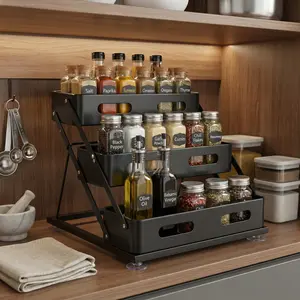 3 Tier Foldable Spice Rack for Countertop Iron Kitchen Seasoning Organizer for Cabinet
