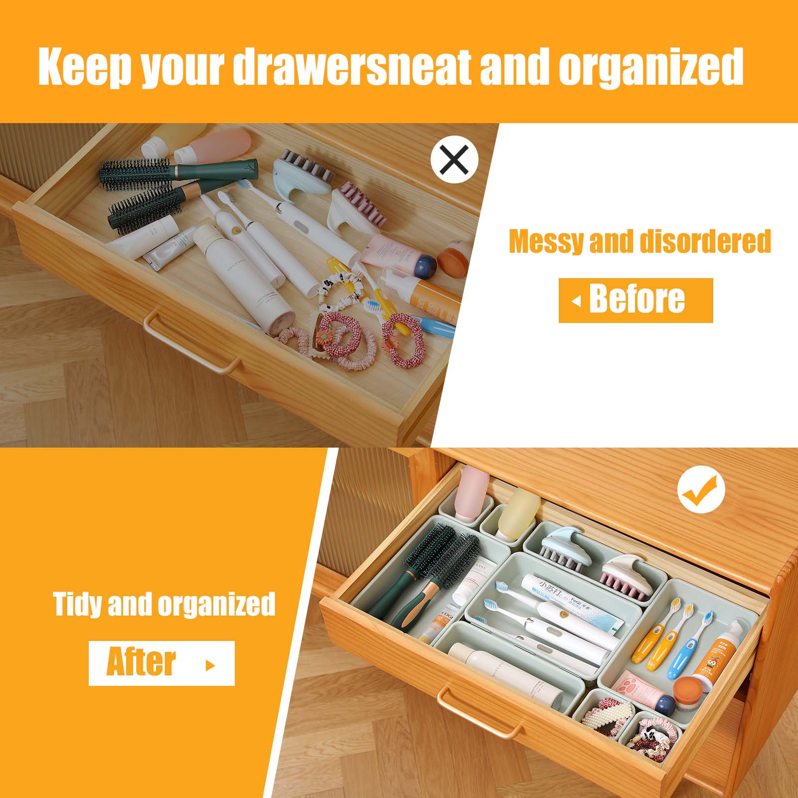 16-Piece Plastic Drawer Organizers Set - 4 Sizes, Versatile Storage Bins for Bathroom Vanity, Kitchen Utensils, Makeup, Office Supplies, Lightweight Sturdy, Bakeware