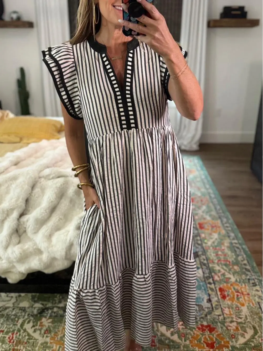 PHEFEE Women's Striped Tiered Midi Dress - Casual Wear, V-Neck, Short-Sleeve Ruffle, High-Waist Flowy, Comfortable, Pockets, Teacher Outfit, Shortsleeve, Modest, Lady