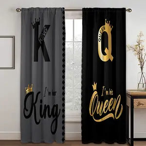 2 pieces, King and Queen black text and gold crown art design, abstract modern art geometric design digital print living room curtains, rod pocket curtains living room furniture decoration, Window Curtain