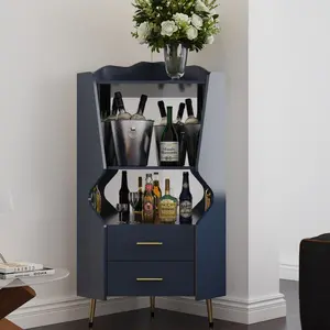 18.9 Inch Triangular Black White Blue Triamine Board Corner Bar Cabinet, High Legs Anti‑Tipping Space Saving Sideboard with Mirrored Back Open Shelves & 2 Drawers for Living Room Dining Room Bar