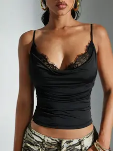 Women's Satin Lace Trim Smooth Cami Top Elegance Sleeveless, V Neck Fine Strap Silk Slipper Shirt, Comfortable Breathable Fabric, Casual Style