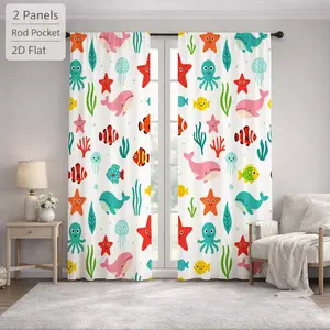 2Pcs Under The Sea Cartoon Ocean Animals Pattern Sun Blocking Curtains Digital Printed Rod Pocket, Window Treatment For Bedroom Office Kitchen Living Room Study Home Decor