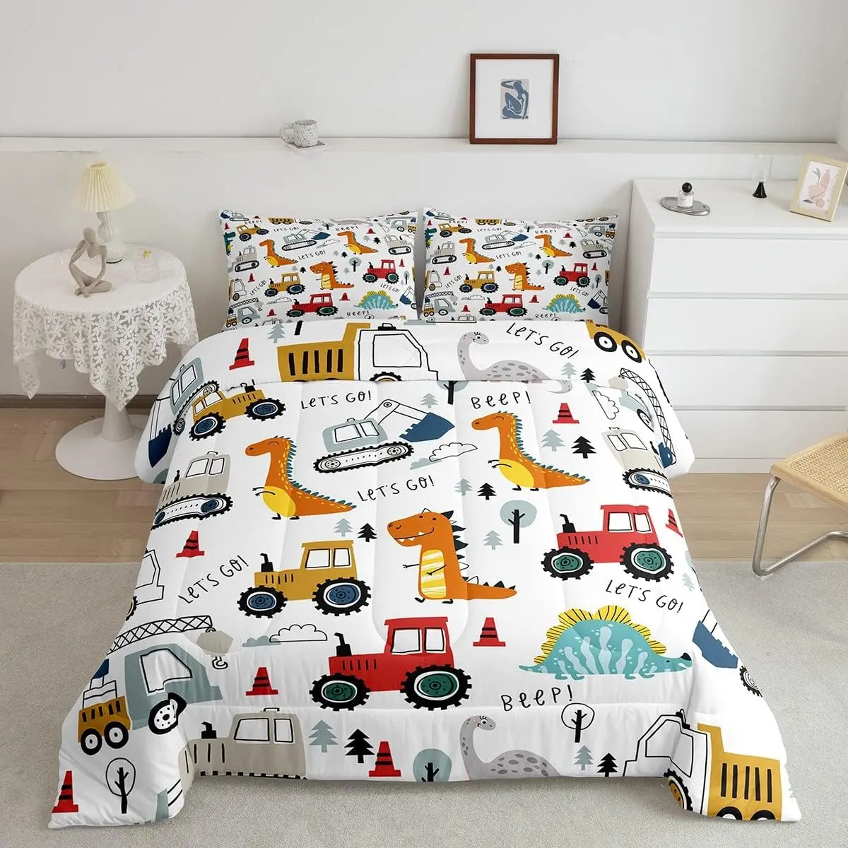 Feelyou Cartoon Printed Duvet Set - Microfiber Bedding, Soft Breathable Blanket, Dinosaur Print, Construction Trucks, Vehicles, Kawaii Jungle Comforter Quilt for Twin, Full Sizes, Cartoon Printed Blanket