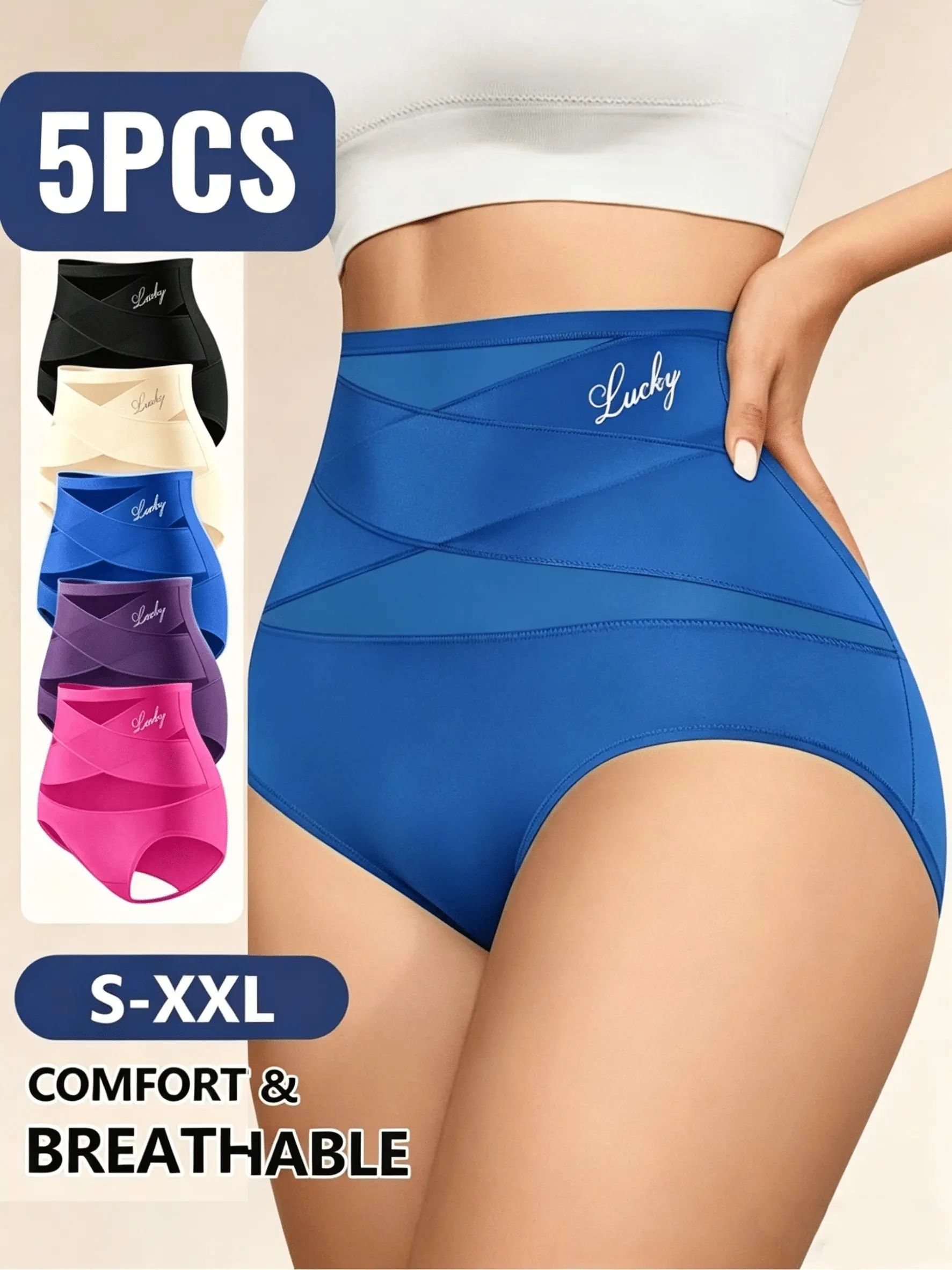 Women's 5-Piece High-Waist Tummy Control Seamless Basic Panties - Mesh Breathable Ice Silk Lingerie for Lady, Cross Wrap Design Waist Reduction Underwear, S-XXL Fits Everyday Essentials