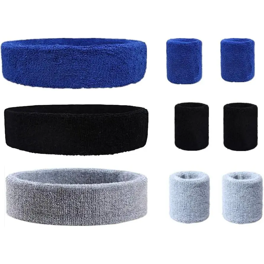 9 Pieces Sweatbands Set, Includes 3 Pieces Sports Headband and 6 Pieces Wristbands, Polyester Blend, Colorful Cotton, for Men and Women, Athletic Bands for Basketball, Tennis, Working Out
