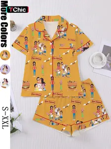 Bob's Burgers Family Sleepwear Set for Women, American Cartoon Full Print Short Sleeve Shorts Pajama Set Homeewear, Comfortable Casual Loungewear