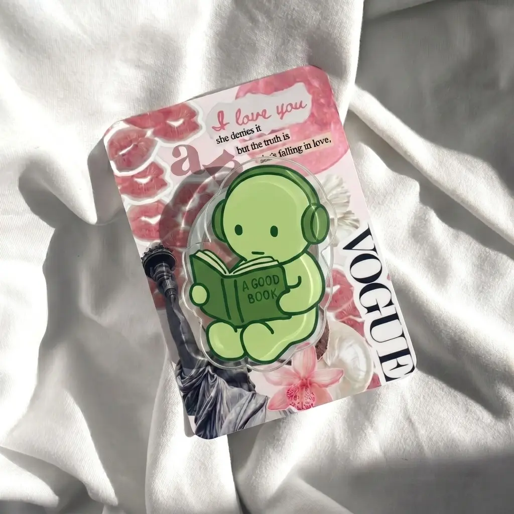 Cute Green Figure Reading A Good Book Phone Grip | Acrylic Audiobook Lover Holder | Trendy Pink Coquette Collage Stand | Bookish Gift for Study and Work