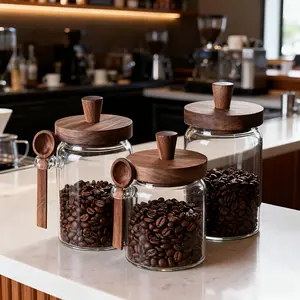 Glass Jars with Wooden Lids and Spoons set of 3,Clear Glass Coffee Containers with Scoop Decorative Kitchen Food Storage Jars,Candy jars,Biscuit jars,Storage jars(15OZ/20OZ/26OZ)