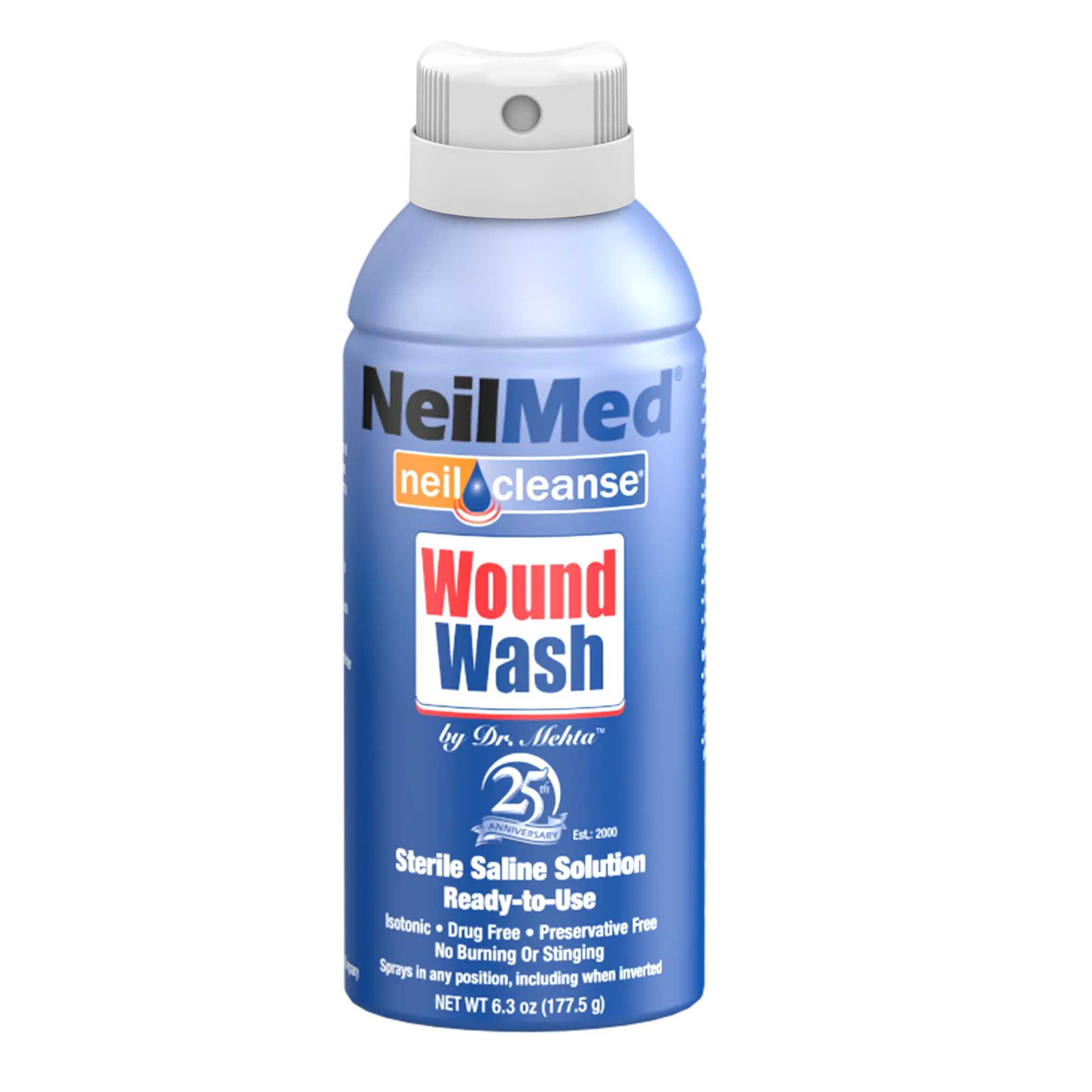 NeilMed NeilCleanse Wound Wash Saline Spray - Sterile, Isotonic Cleansing Solution for Minor Wounds & Piercings - No Burning or Stinging - Ready-to-Use - 6.3oz