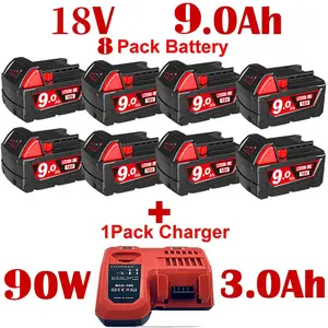 2-4-6-8 pack of M18 9000mAh 18V replacement batteries plus 1quick charger for Milwaukee power tool battery replacementM-18 battery pack compatible with Milwaukee M18 9.0Ahlithium battery 48-11-1850,48-11-1828,48-11-11815 cordlesstool Milwaukee battery