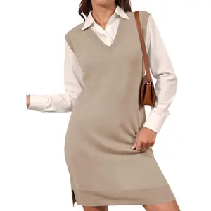 Imily Bela Womens Sleeveless Sweater Vest Dress Casual Chunky Knit V Neck Loose Slit Fall Tank Midi Dresses