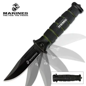 "USMC Combat Assisted Opening Pocket Knife   3 1/2"" Blade   4 1/2"" Closed   Textured Aluminum Handle   Pocket Clip and Glass Breaker"