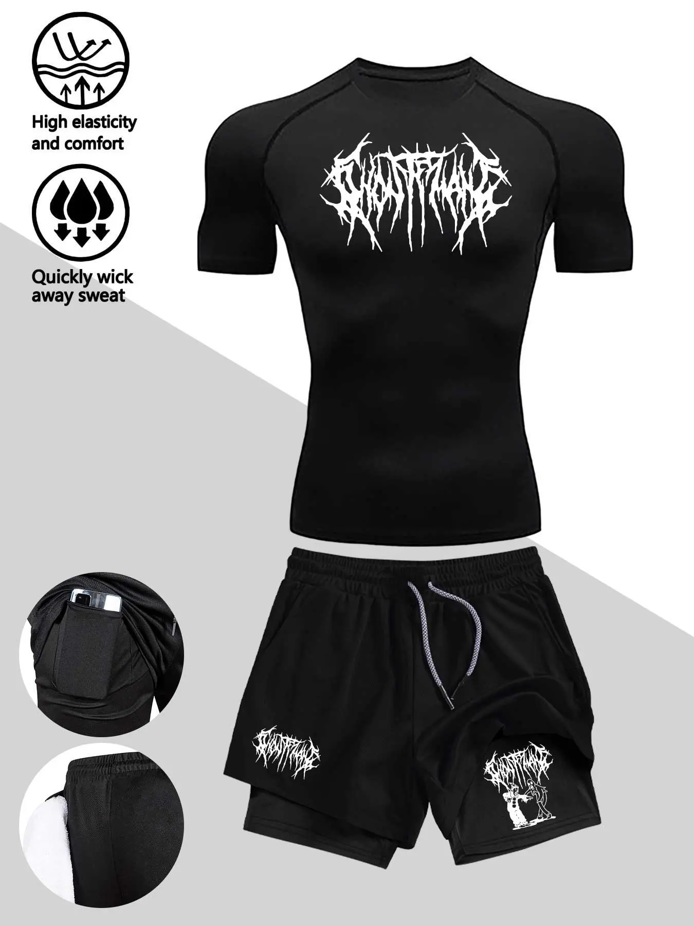 Men's Athletic Compression Set (2-Piece), Breathable Gym Wear, 'Thorned Joker' Pattern, Crew Neck, High-Elasticity Fabric, Includes Short-Sleeve T-Shirt and Double-Layer Shorts, Moisture-Wicking, Ideal for Fitness, Cycling, Training Activities