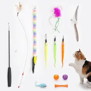 Pawsible 2 Pack Cat Teaser Playset, Wire & Fishing Pole Teaser with 7 Interactive Toys for Diverse Combo, Ideal Indoor Toys Collection for Cats