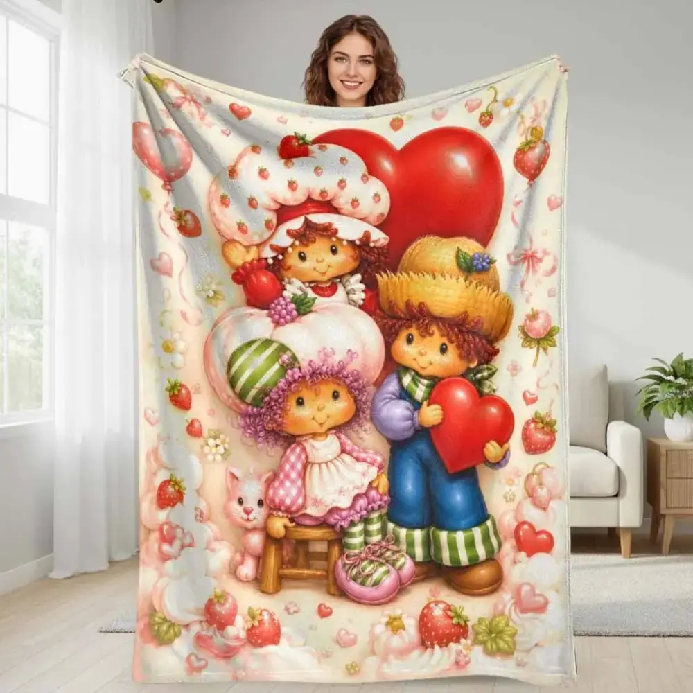 Strawberry Girl Blanket, Cute Vintage Strawberry Shortcake Style Throw Blanket, Cottagecore Fruit Heart Fleece Blanket for Couch Sofa Bed Bedroom, Cozy Valentine’s Day Birthday Gift for Girls Women, Cute Room Decor