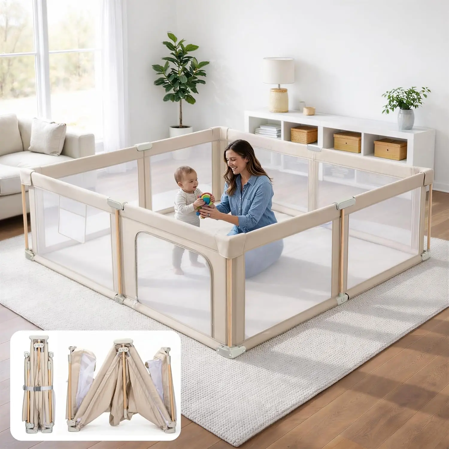 Foldable Baby Playpen with Mat, Mesh & Oxford Fabric, 71x59in Wood Grain Design, Portable Travel Storage Bag, Collapsible Play Area for 0-3 Years Indoor-Outdoor Use