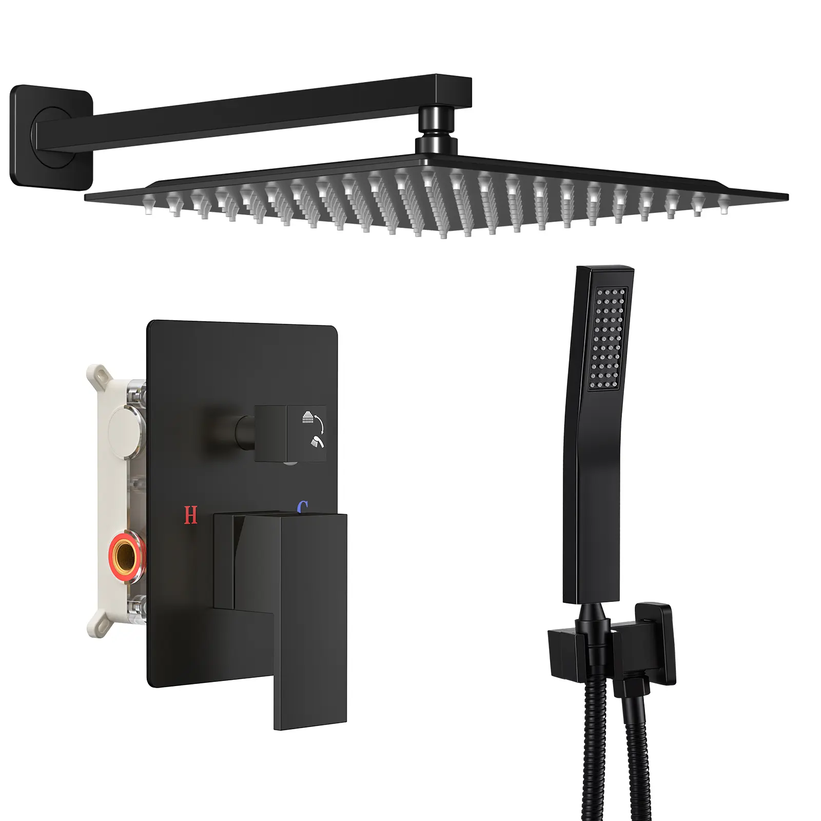 Sweetcrispy S Wall Mount Shower Faucet Set Pack, Square Rainfall Shower Head, Handle, Pressure Balance Valve for Indoor Bath