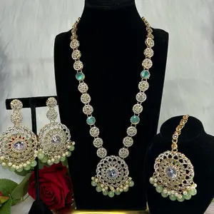 Elegant Gold Tone Long Necklace Mala with Earrings & Tikka Jewelry Set Unique Design for Any Outfit