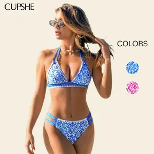CUPSHE Boho Shell Stitch Bikini Sets | 2026 Mediterranean Blue Halter Two Piece Swimsuit | Trendy Cheeky Bottoms & Supportive Removable Cup Bathing Suit SpringStatements
