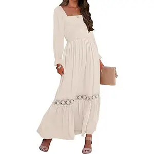 ZESICA Women's 2025 Boho Long Sleeve Square Neck Smocked High Waist Flowy A Line Lace Trim Maxi Dress