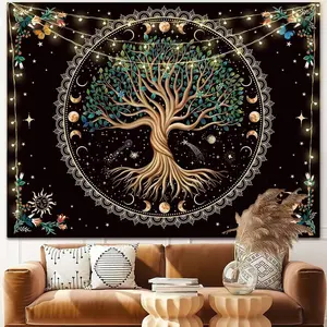 Moon Phase Tree of Life Tapestry Nature Flower Plant Butterfly Tapestries Boho Mandala Spiritual Tapestry Aesthetic Wall Hanging for Home Decor Bedroom Living Room Dorm Decor