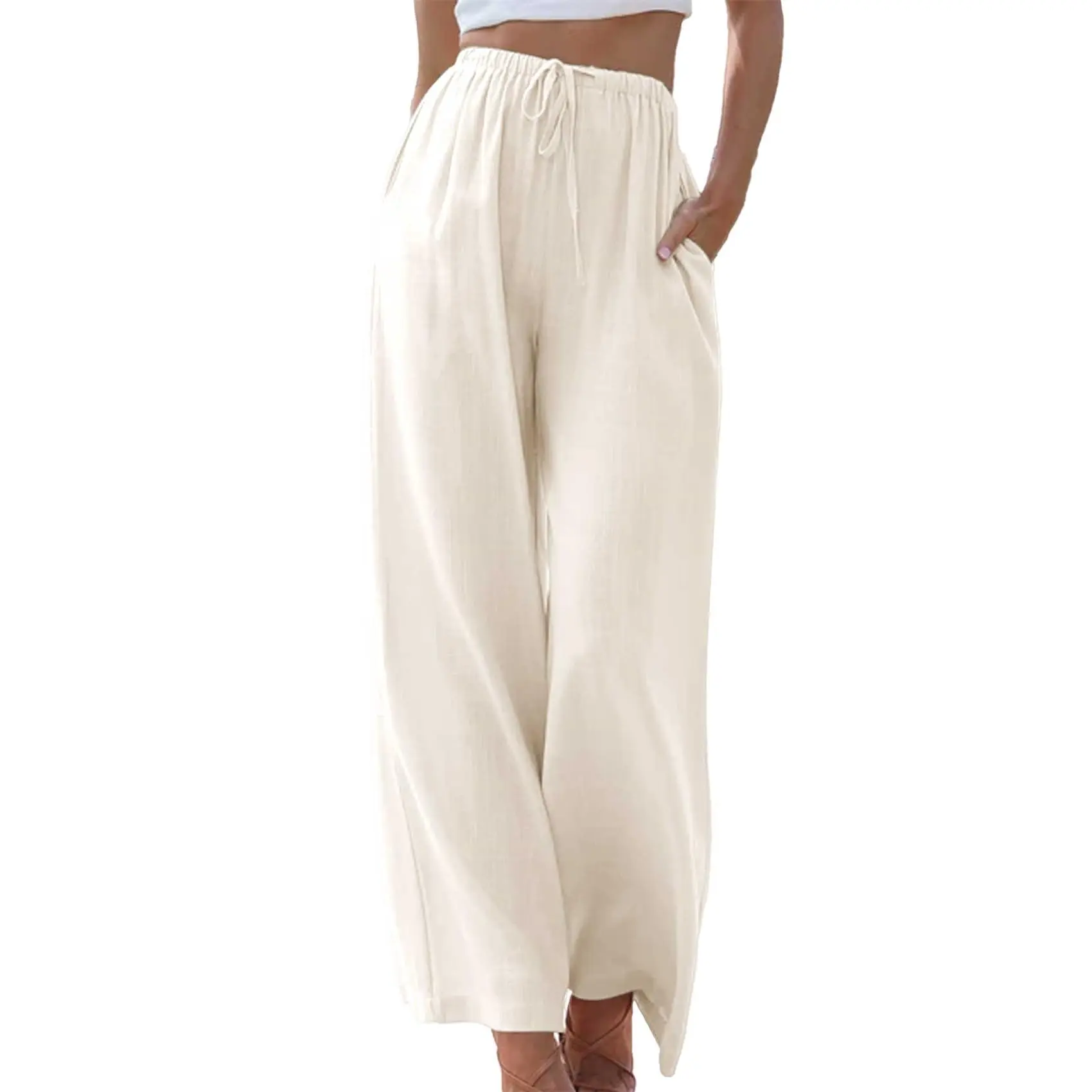 Songling Palazzo Pants for Ladies, Casual Cotton-Linen Wide-Leg with Drawstring Waist and Pockets, Lightweight for Summer, Lady, Loose Fit Wide Leg Pants, Baggy Linen Pants