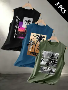 Men's 3-Pack Summer Beach, Tropical Print Sleeveless Vest, Palm Tree Graphic Casual Neck T-Shirt, Breathable Sport Top for Vacation#SummerTankSet #BeachGraphicTank #Mens3PackTops #VacationWear #TikTokFashion #CasualSleeveless #EverydayTank #MensWardrob