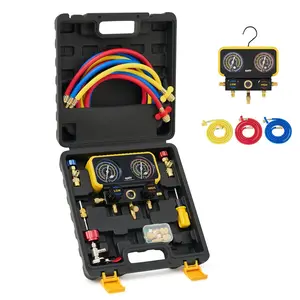 R410a Gauges - AC Manifold Set with Safety Valves, 3 Hoses, Universal Can Tap, AC Recharge Kit