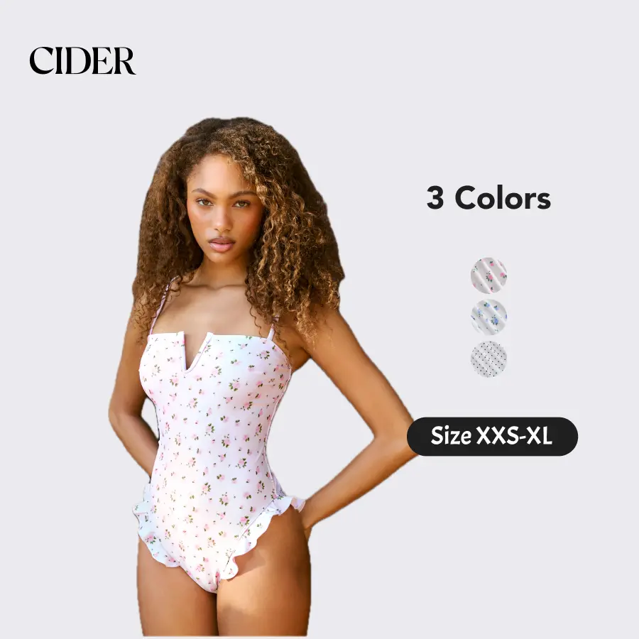 Cider Floral Square Neck Ruffle Hem One Piece Swimsuit