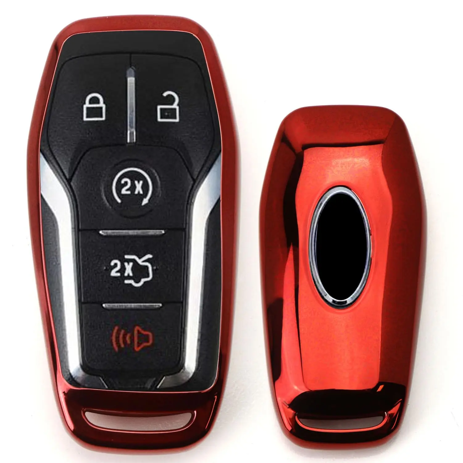 iJDMTOY Chrome Finish Red TPU Key Fob Protective Cover Case For Ford or Lincoln 4/5-Button Keyless Intelligent Access Key
