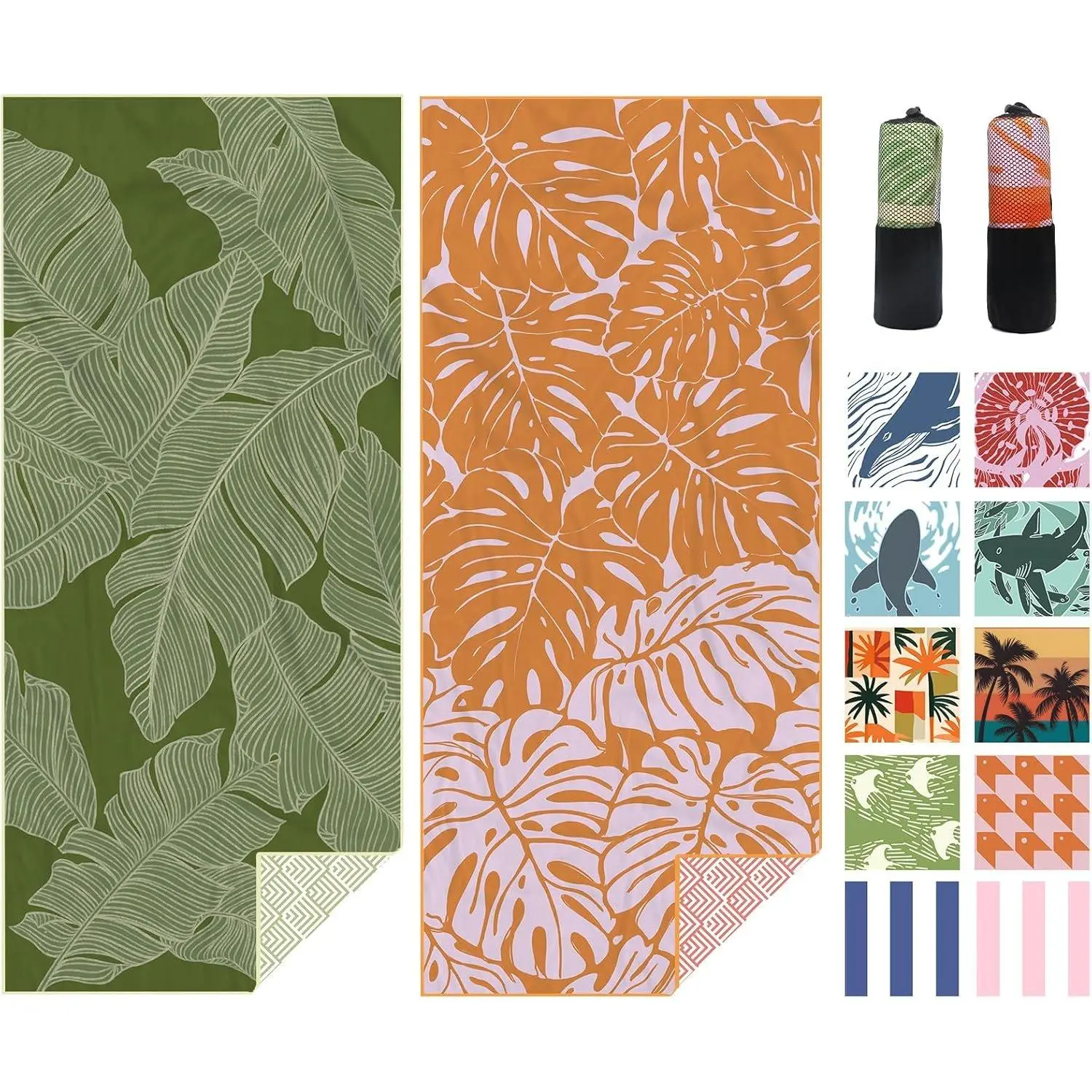 2 Pack Microfiber Beach Towel, Quick Dry Travel Towel Large Sand Free Towel for Beach, Camping, Swim Pool, Gym, & Yoga 71"x32", Palm