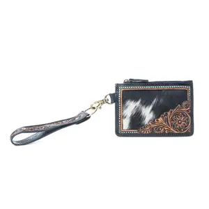 Myra Apache Twilight Handtooled Hairon Leather Card Holder in Midnight Hide