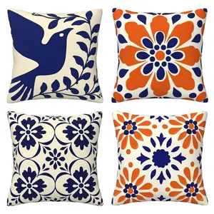 Mexican floral bird decoration pillow cover, Bohemian retro blue orange floral ceramic brick porch outdoor home decoration, ethnic style sofa cushion cover housewarming gift, 4-piece set double-sided printing