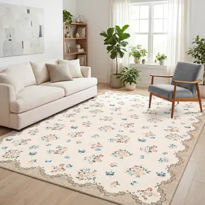 Garvee Floral Print Rug Vintage Non-Slip Washable Area Rug Lace Printed Border Ultra-Thin Non-Shedding Foldable Country Style Rug for Farmhouse Bedroom Dining Room Playroom carpet