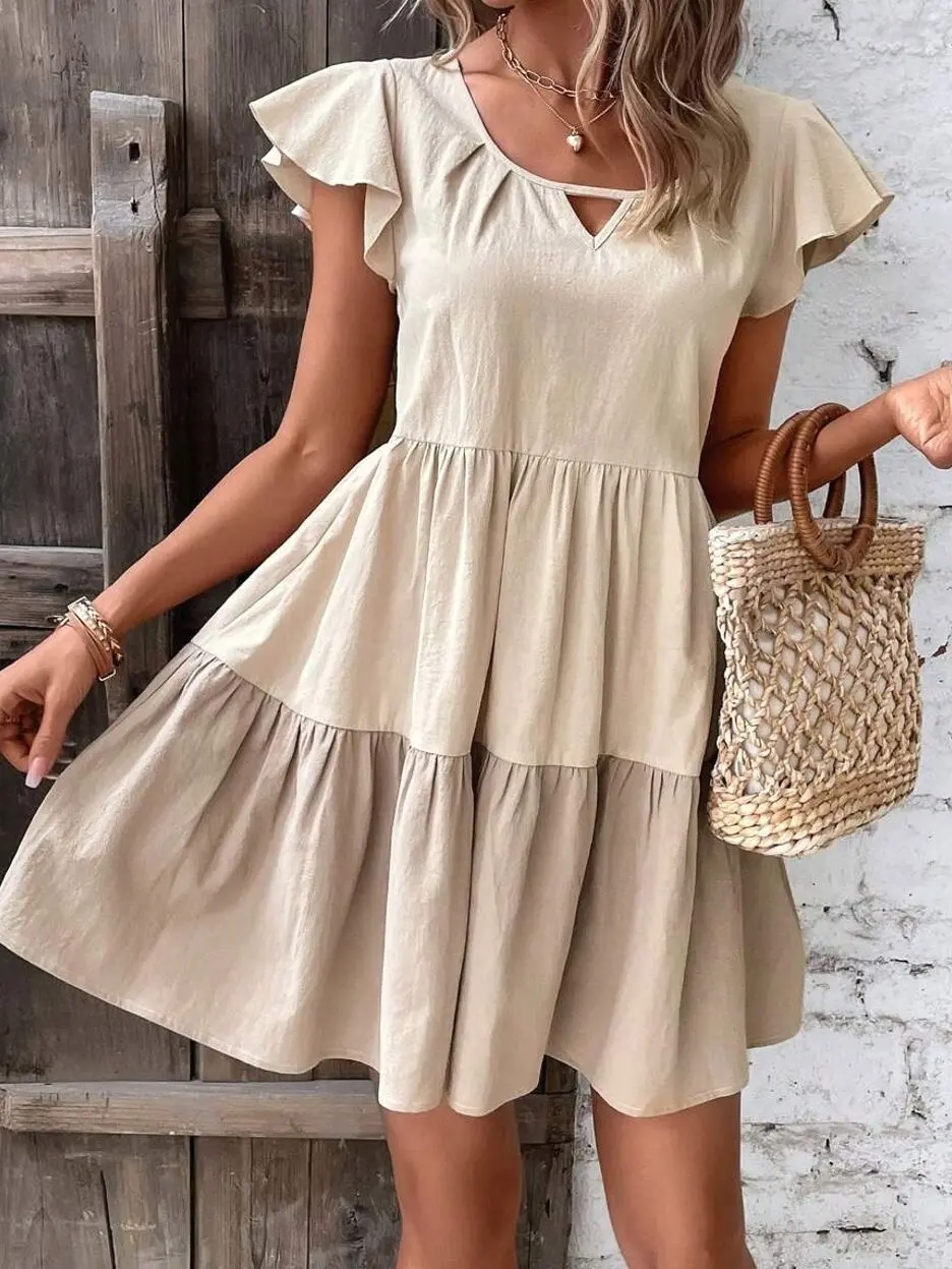 Keyhole Neckline Ruffle Hem Smock Dress - Vacation Beach Resort Casual Summer Dress