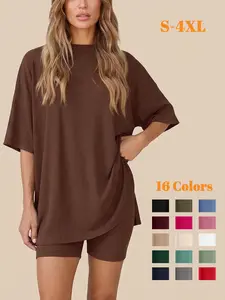 Crewneck Two-Piece Set For Women(S-4XL) Summer Casual Oversized Split Hem Shirts & Side Pocket Biker Shorts Minimalist Lounge Wear Soft Viscose Fabric Comfy Homewear Cozy Pjs