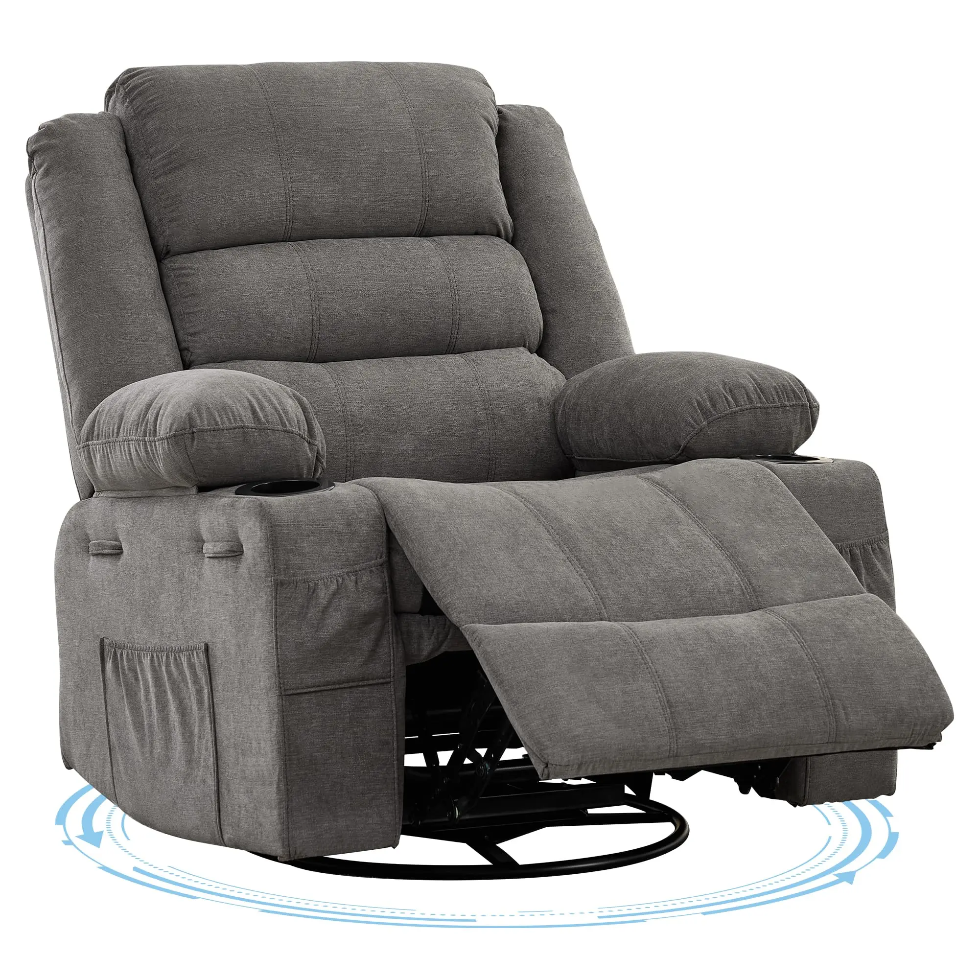 Recliner Chair for Adults 360° Swivel Rocker Recliner with Cup Holder Wide Nursery Glider with Upholstered Deep Seat Linen Comfy Single Sofa for Living Room