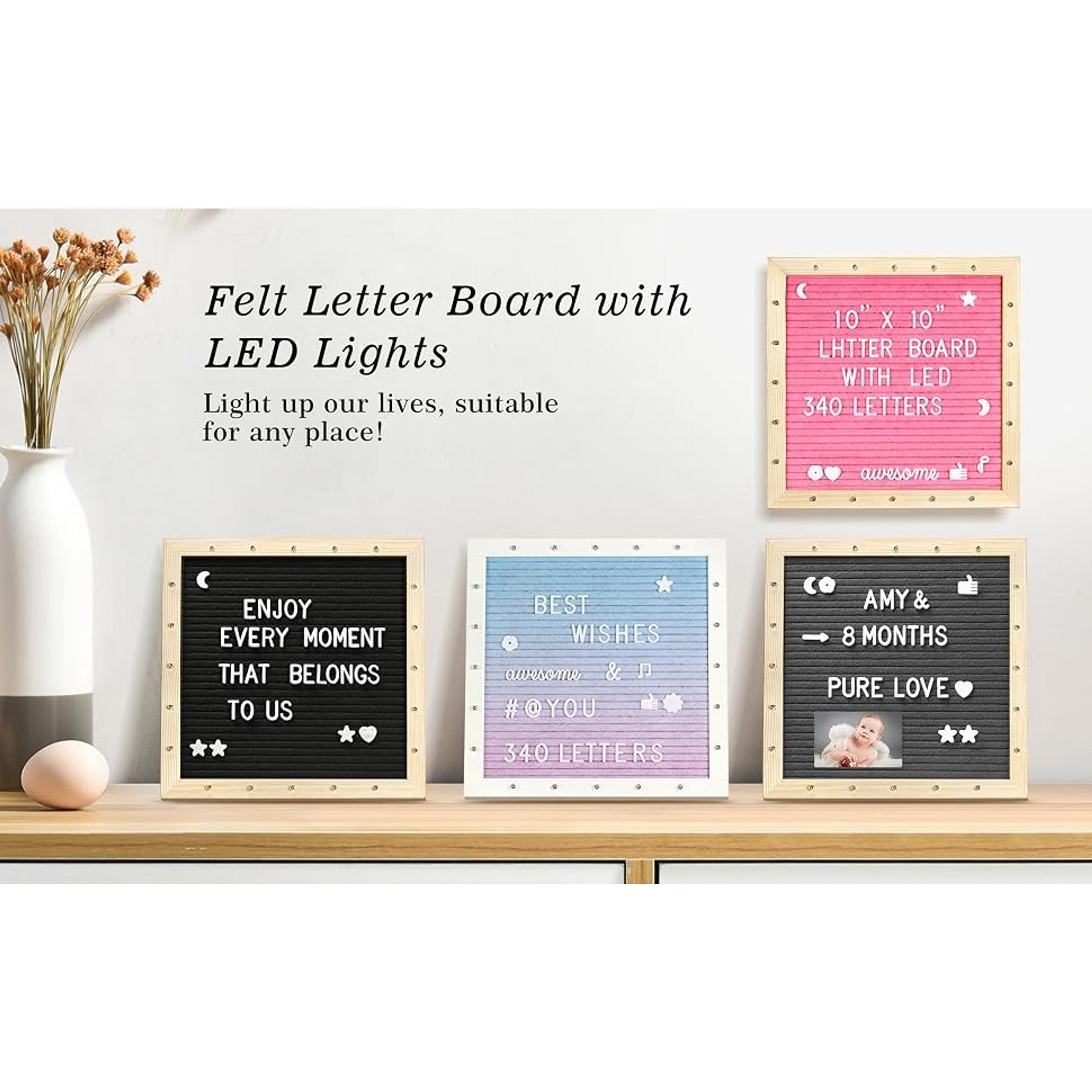 Pink Felt Letter Board with Lights, Built-in LED Lights -Message Board Adjustable Stand, 340 Letters and Christmas,- for Menus, Pregnancy Announcement, Weddings, Party Planning(10 * 10)