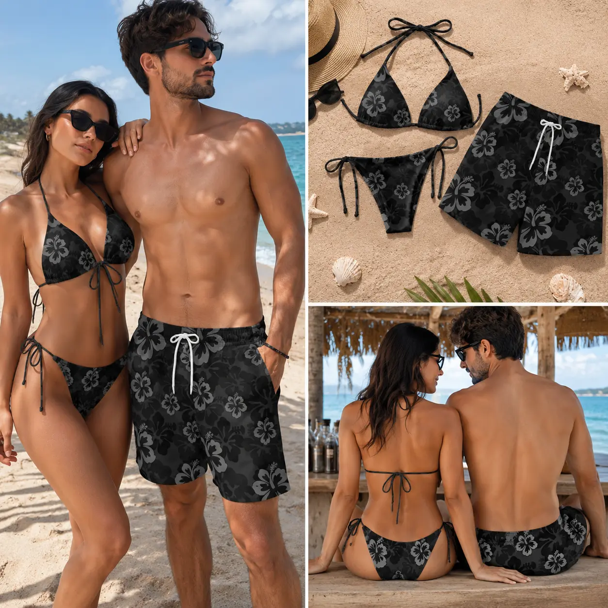 Black Hibiscus Floral Couple Swimwear Set, String Bikini and Hawaiian Shorts, His and Hers Tropical Beach Vacation Outfit, Summer Pool Gift