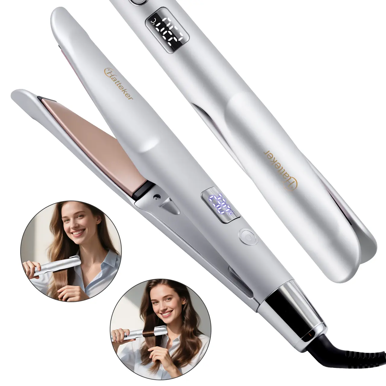 2-in-1 Ceramic Hair Straightener & Curler - Twist Flat Iron with Dual Voltage, 11 Adjustable Temp, Anti-Scald Design for Smooth Curls & Sleek Salon Results, Ceramic Curling Irons Included