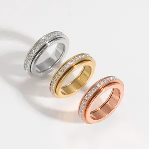 Titanium Steel Spinner Ring for Anxiety Stress Relief with Cubic Zirconia Rotatable Fidget Band Comfort Fit Sizes 5-11 Unisex Promise Wedding Ring