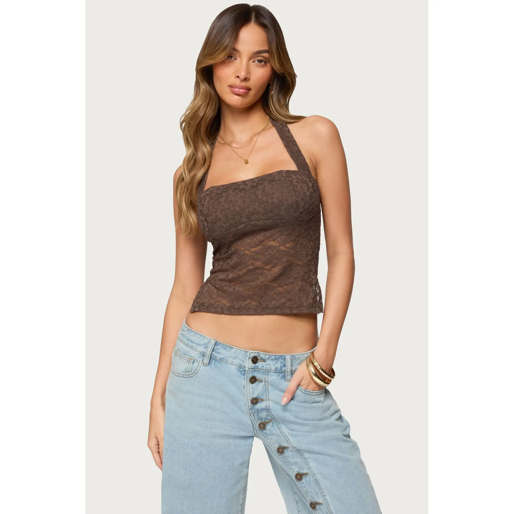 Zolah Lace Straight Neck Halter Top