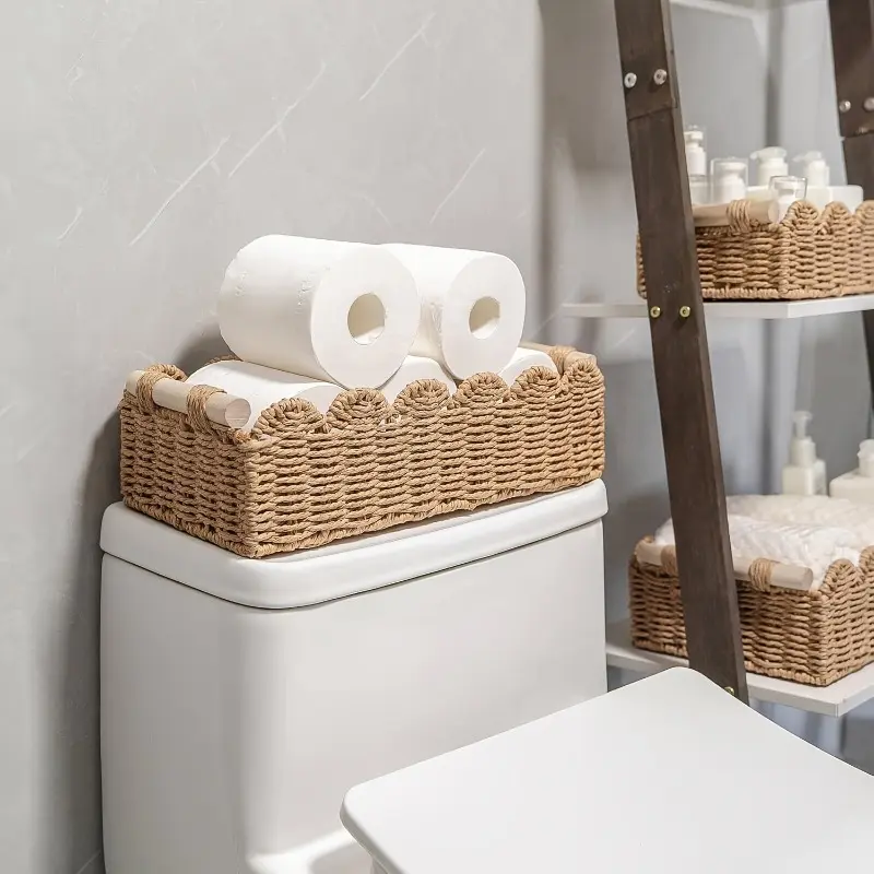 Handmade Natural Rope Toilet Paper Basket with Wooden Handle, Stylish Scalloped Edge Design, Suitable for Toilet Top Shelf, Rustic Home Storage and Organizing Solution, Bathroom Decorative Storage Organizers, Rustic Decor, Vintage Style Organizing Baskets