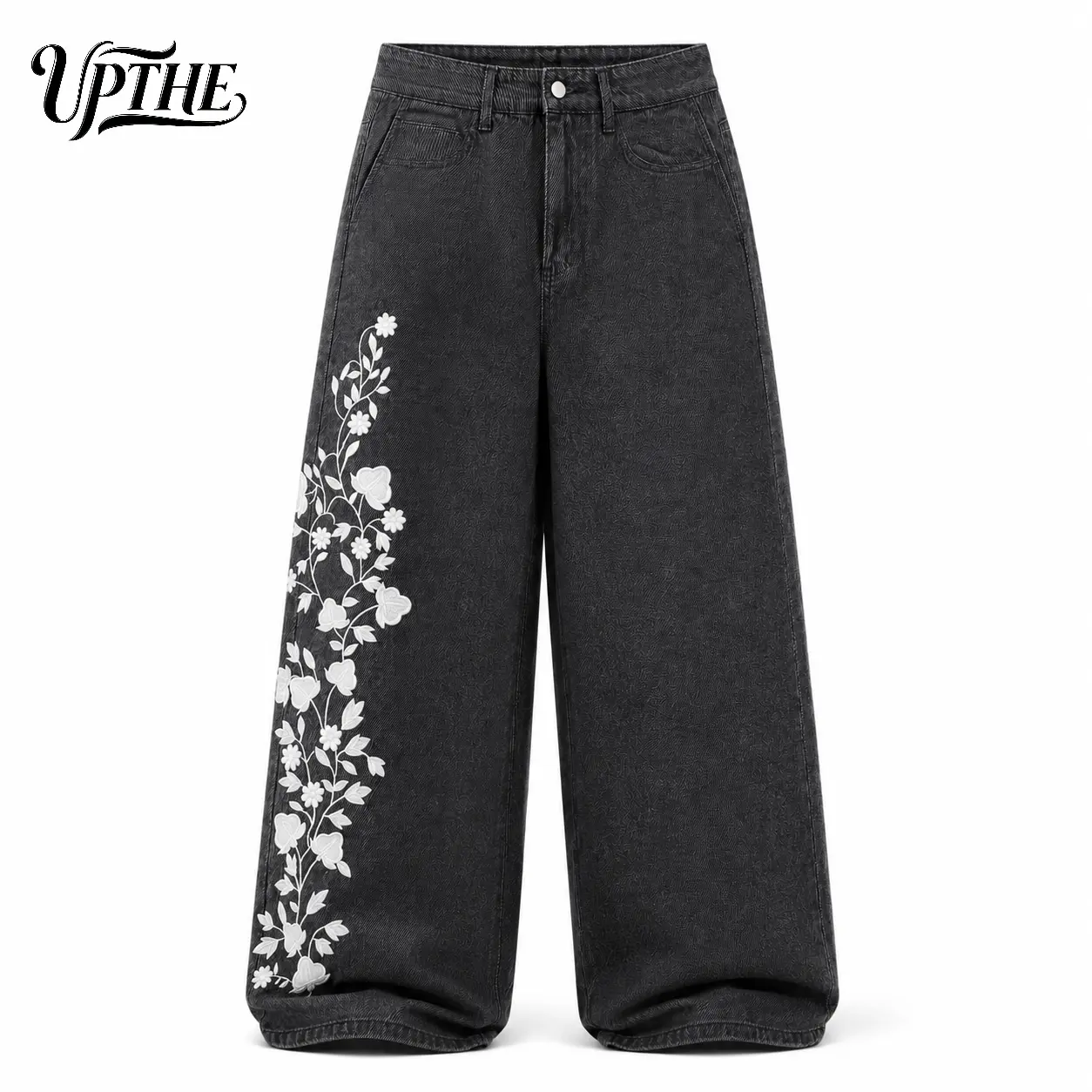 UPTHE Men Classic Wide Leg Baggy Denim Jeans Y2K Floral Butterfly Embroidery Streetwear Vintage Loose Fit Black Casual Pants