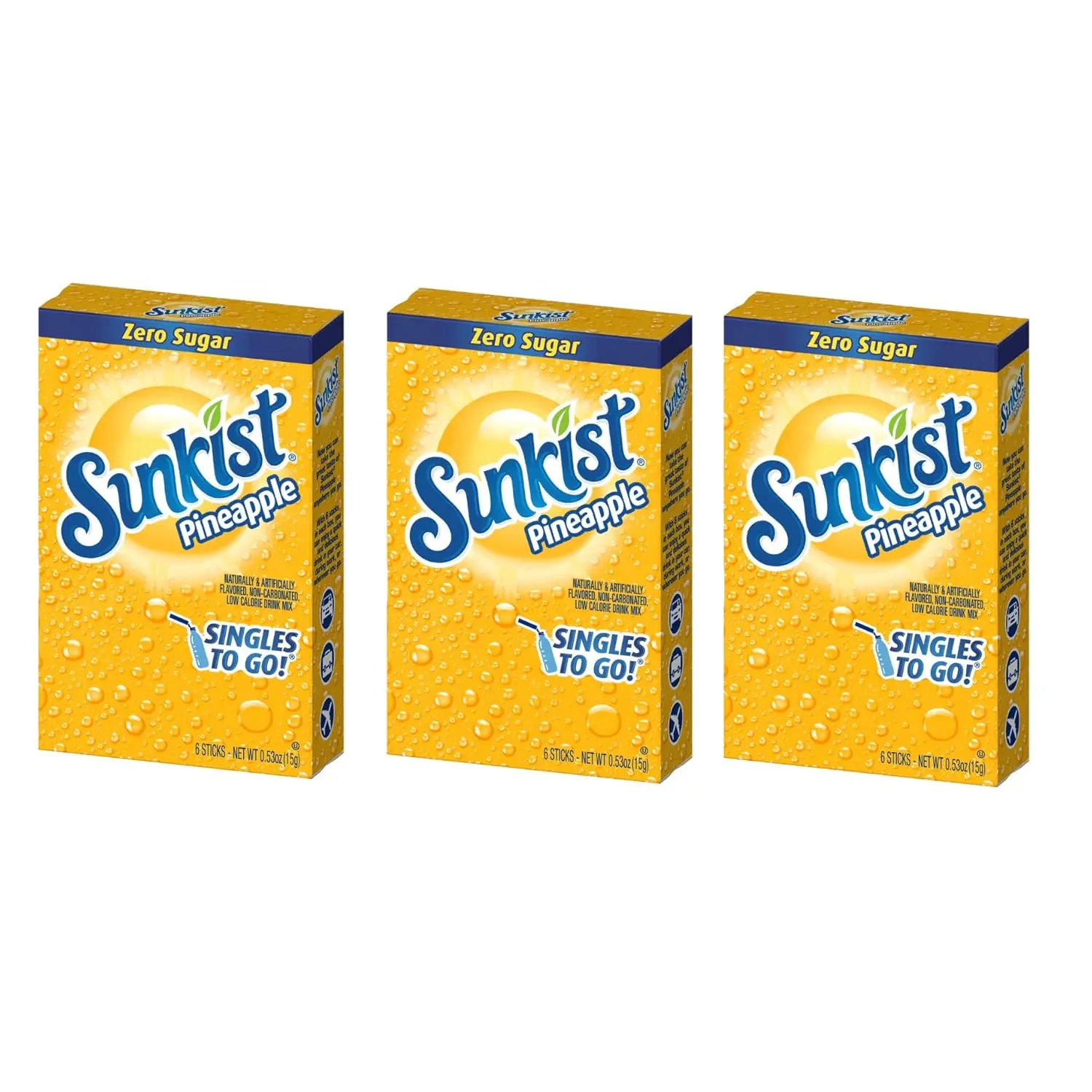 SINGLES TO GO! Sunkist Drink Mix Pineapple, 3 Boxes with 6 Packets Each - 18 Total Servings - 0.18 Ounce (Pack of 3)